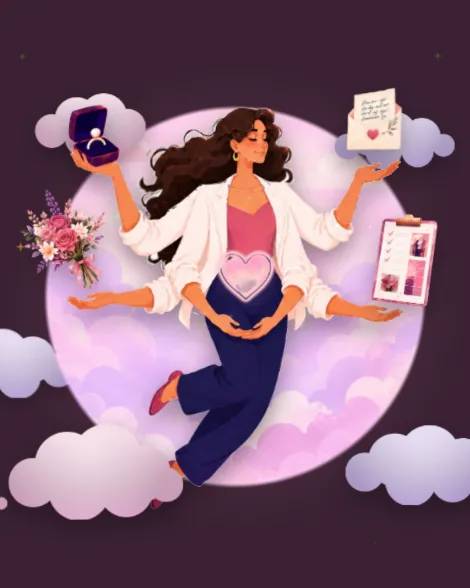 Illustration: your proposal planner floating among clouds, juggling the ring box, bouquet, checklist, and invitation